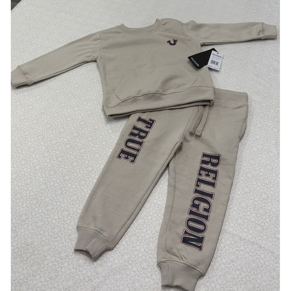 True Religion Toddler Boys 2Pc Jogger Set Beige  Sweatshirt Sweatpants 3T NWT